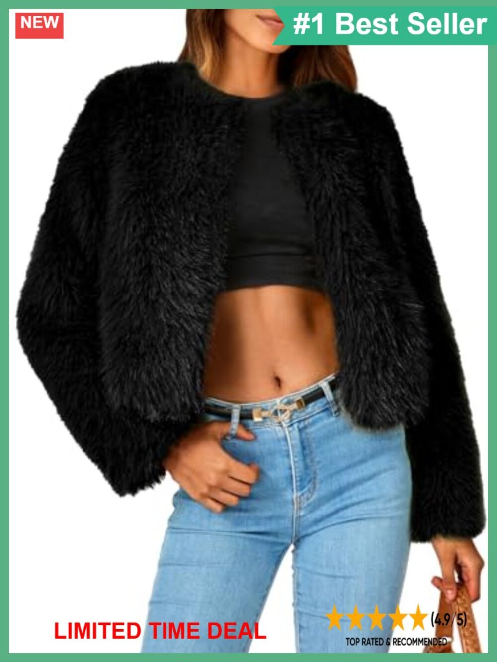Women's Cropped Faux Fur Coat Long Sleeve Open Front Winter Jacket